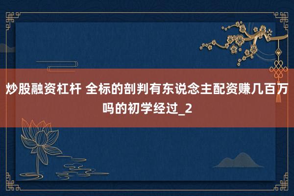炒股融资杠杆 全标的剖判有东说念主配资赚几百万吗的初学经过_2